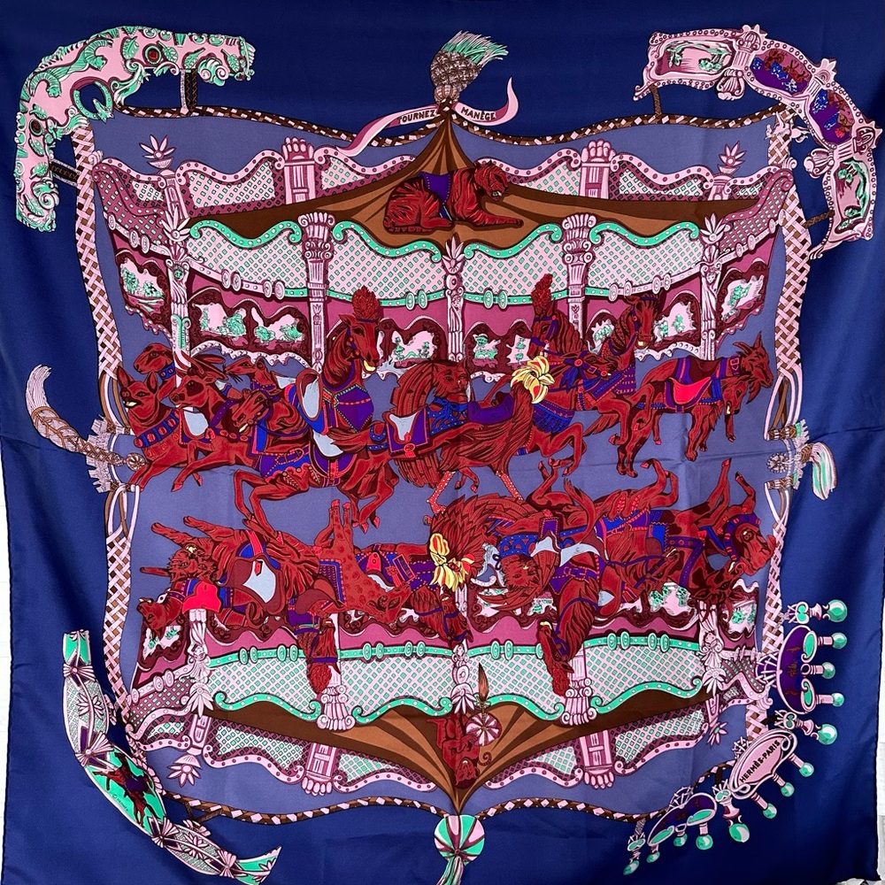 Hermès Tournez Manege print silk scarf shawl with circus horses, tigers, monkey